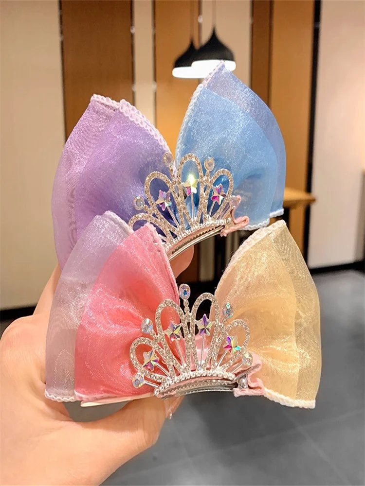 Children Hair Accessories Princess Style Korean Crown Tiara Little Girl Three-Dimensional Mesh Bow Hairpin Wholesale