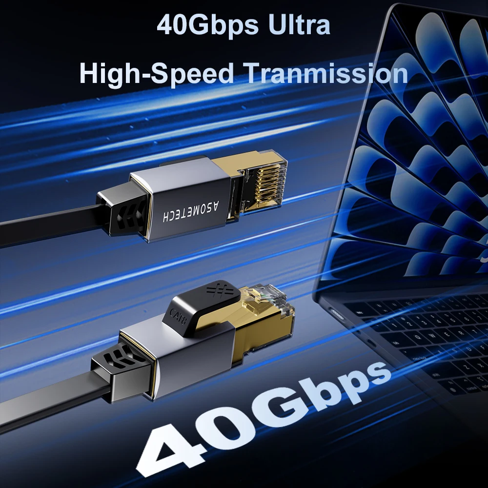 Cavo Ethernet ASOMETECH Cat 8 Cavo Ethernet rotondo/piatto ad alta velocità 40 Gbps 2000 Mhz Connettore RJ45 placcato oro Cavo LAN S/FTP