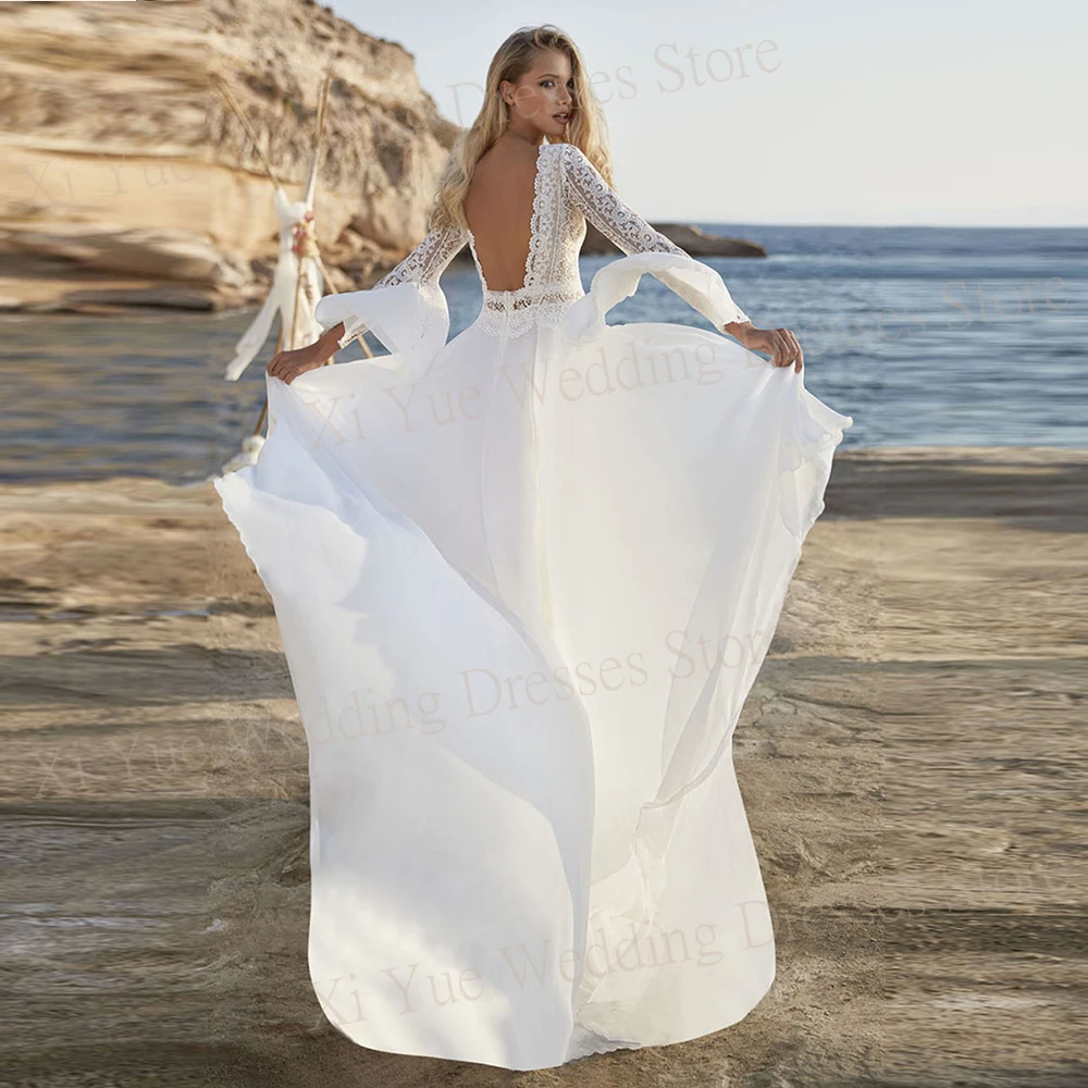 2024 Modern Charming A Line Chiffon Women's Wedding Dresses Lace Appliques Long Flare Sleeve Bride Gowns V Neck Backless 웨딩드레스