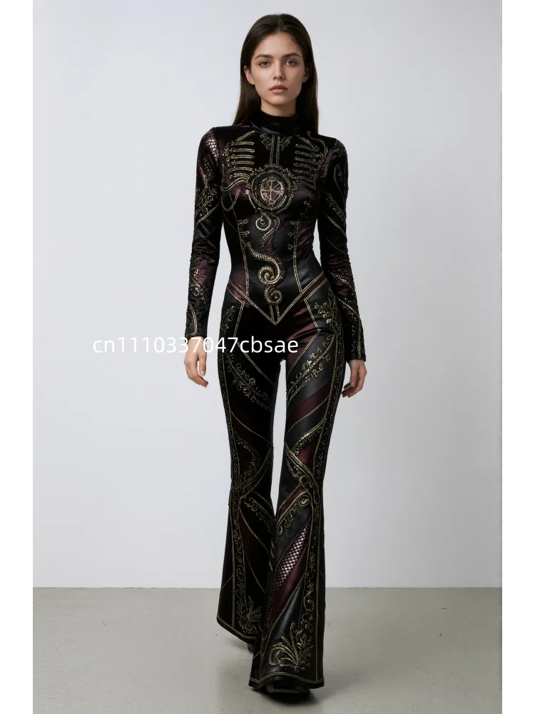 Damen Retro Skinny Flared Bell Bottom Jumpsuit, königlicher Bühnen-Performance-Bodysuit, Leoparden-Club-Cosplay-Show-Outfit – Detail 12
