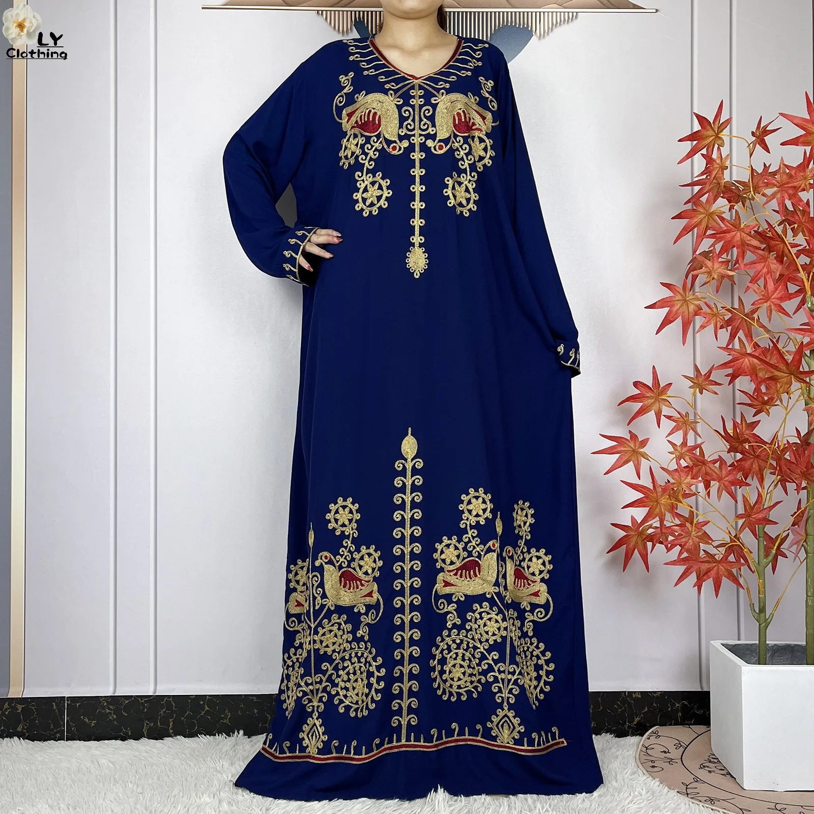 New Muslim For Women Abaya Prayer Clothing Floral Embroidery Cotton Long Sleeved African Dresses Femme Loose Robe With Headscarf