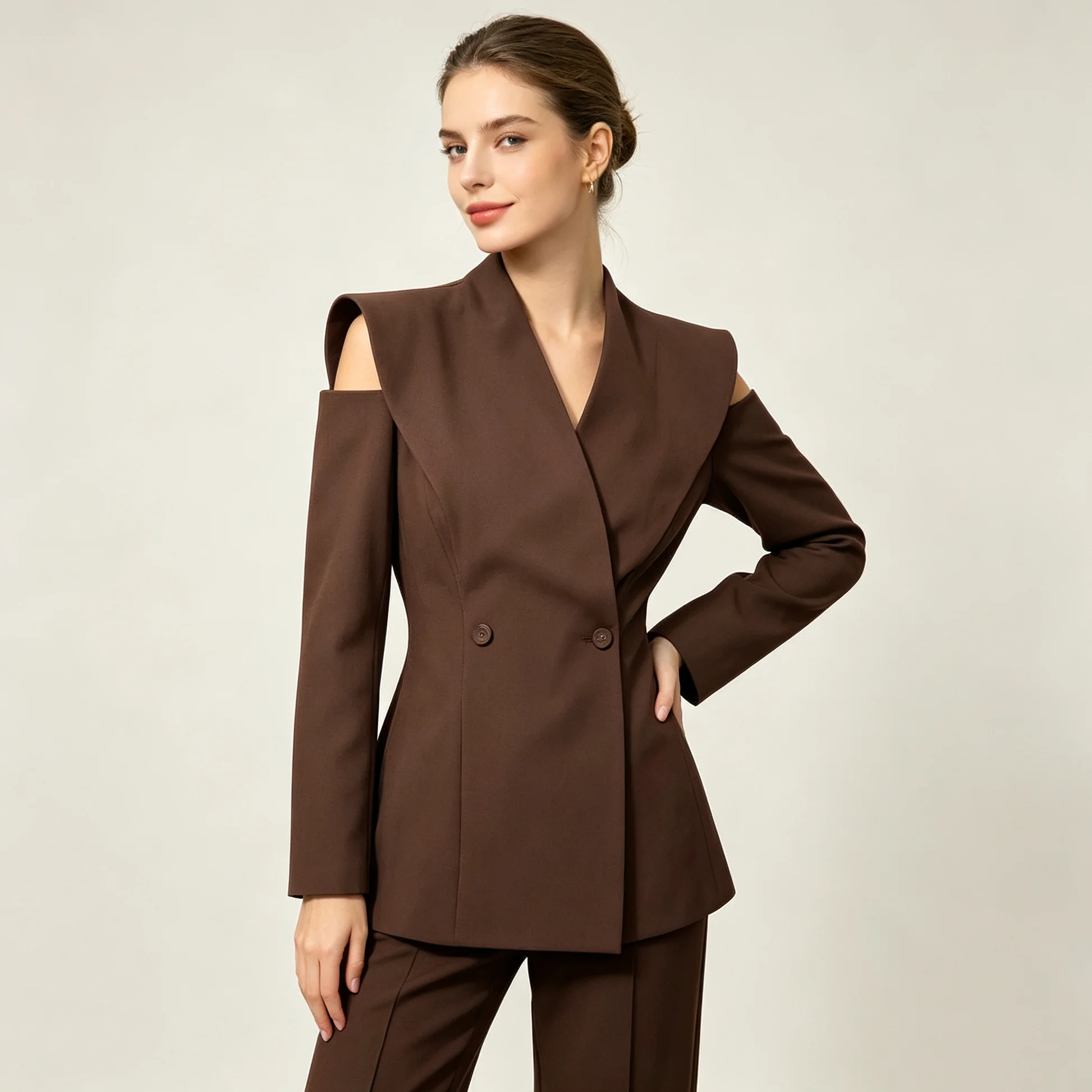 RU Cut Out Shoulder Double Breasted Blazer Flare Pants Suit Elegant Two Piece Outfit Suitable For Business Formal Wear