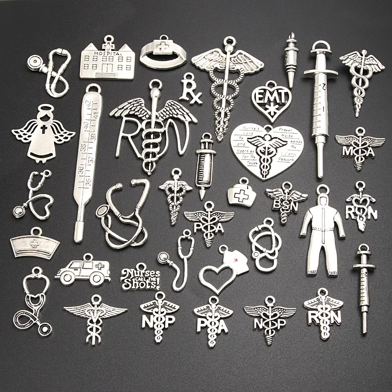 30pcs Random Mix Silver Color Medicine Hospital Syringe Charms Nurse Cap Ambulance Thermometer Pendant Jewelry Accessories