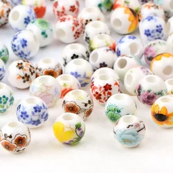 0.6cm/0.8cm/1cm 20pcs Random Color Mix Flower Patterns Decal Round Ceramic Beads Big Hole Porcelain Beads For Bracelet DIY