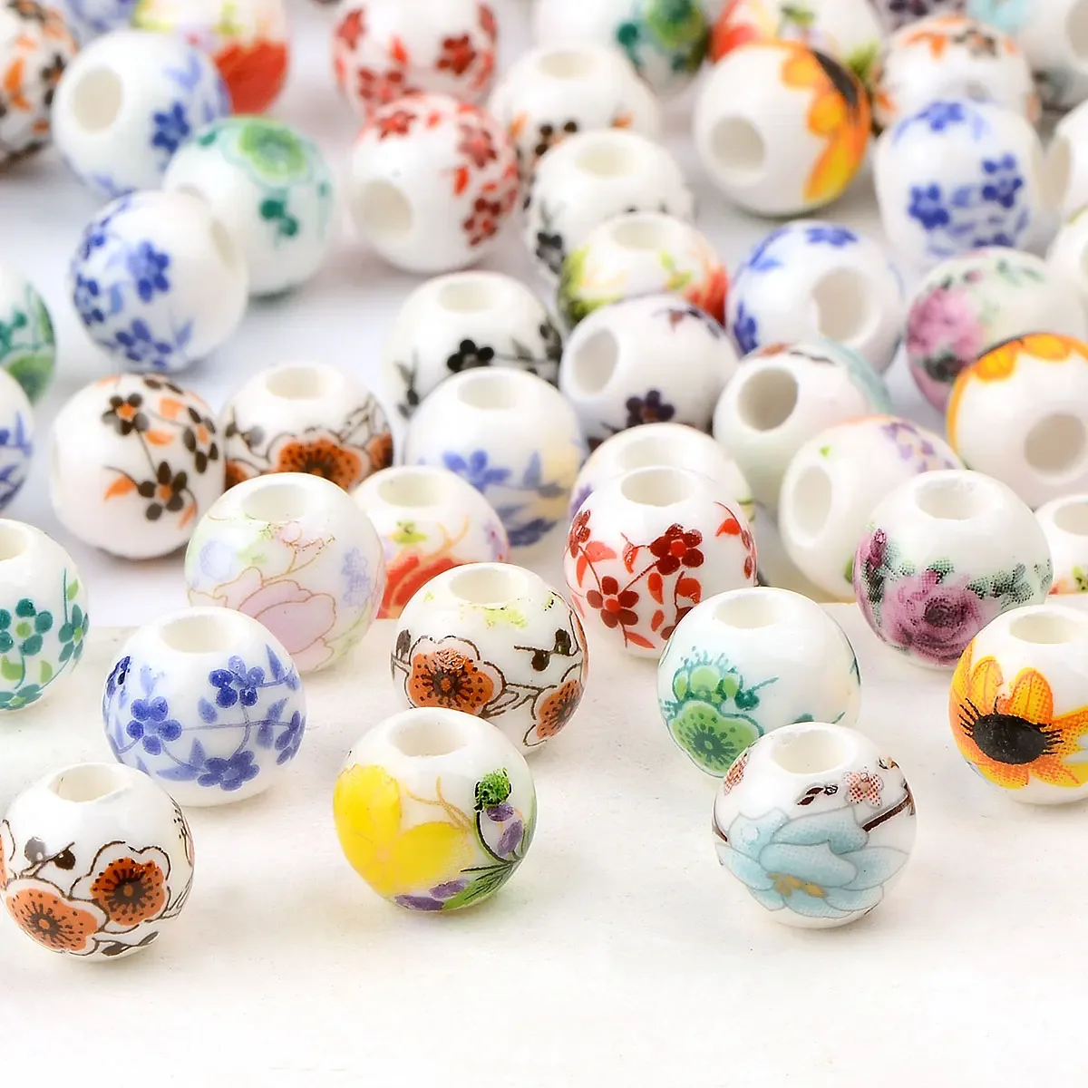 0.6cm/0.8cm/1cm 20 sztuk losowy kolor Mix wzory kwiatowe naklejka okrągłe koraliki ceramiczne duży otwór koraliki porcelanowe na bransoletkę DIY
