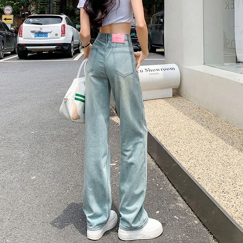 Light blue straight jeans female summer thin section high waist thin drape loose versatile small wide-legged drag pants