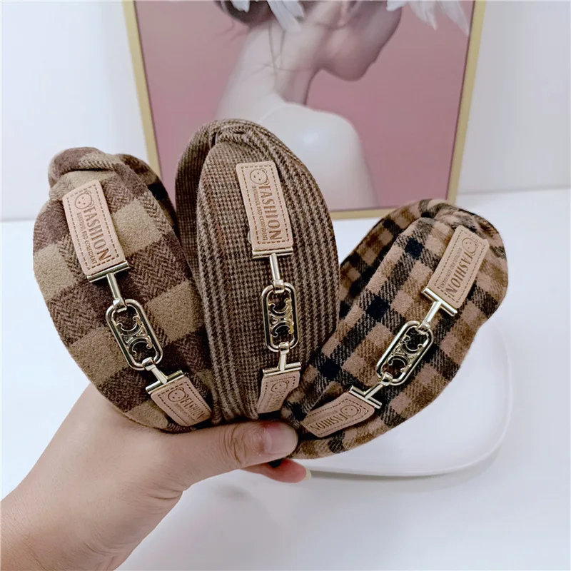 British Bear Plaid Crossed Hair Accessories Headbands For Women High Quality Retro Coffee Brown English Plaid Hair Band Scrunchy