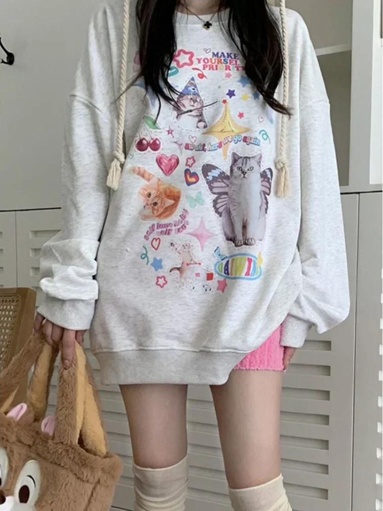 HOUZHOU Kawaii Cat Print Hoodie Women Cute Long Sleeve Sweatshirt American Retro E-girl Kitten Angel Graphic Alt Clothes Y2k