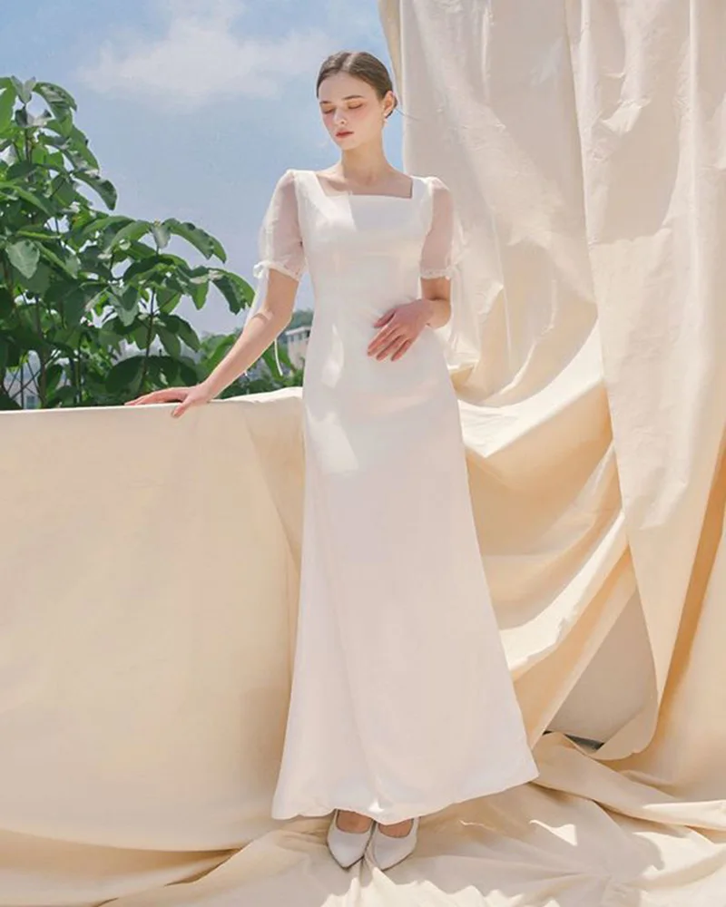 Witte Avondjurk 2023 Nieuwe Elegante Damesjurk Met Veters Pofmouw Fishtail Prom-Jurk Effen Vierkante Kraag Afstudeervestido