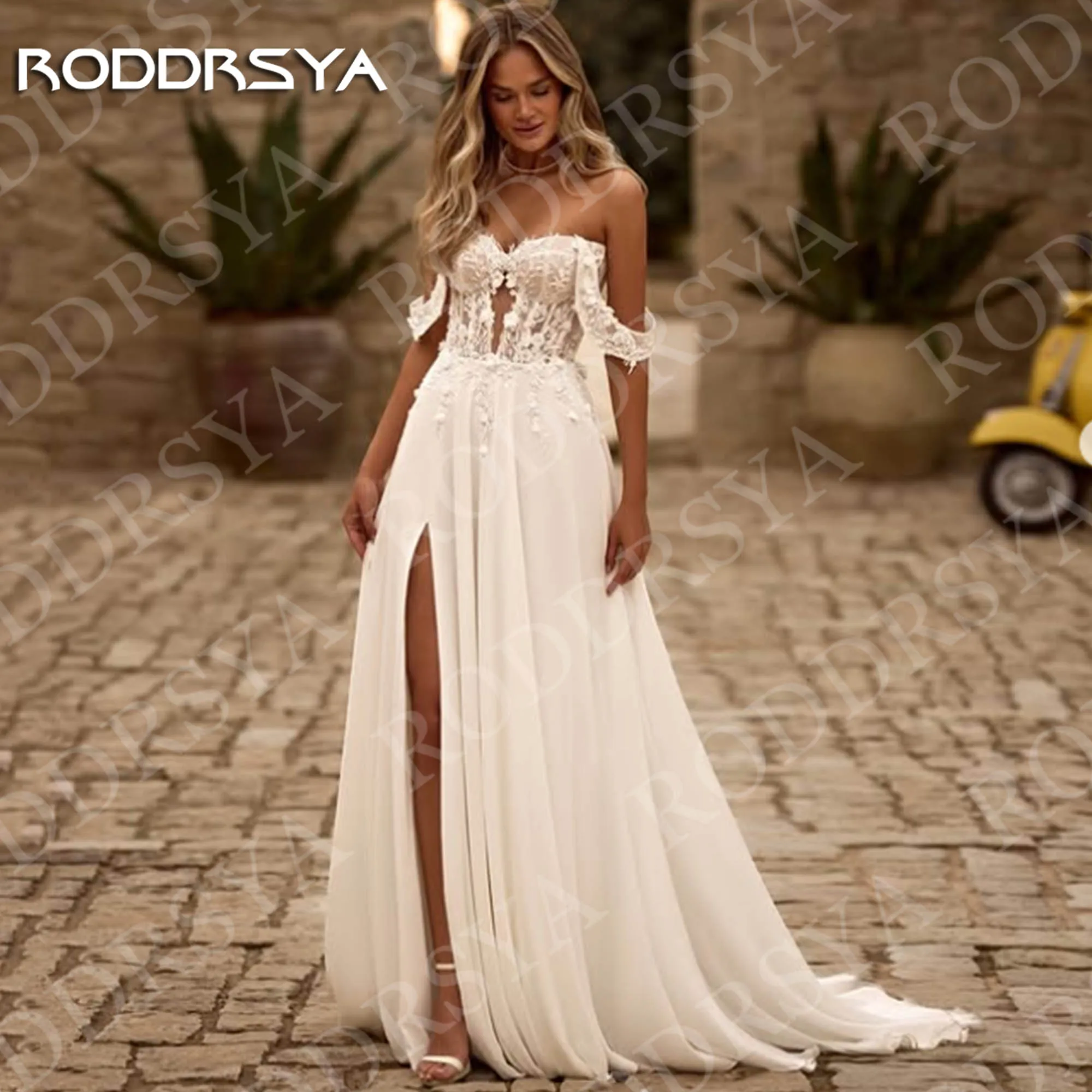 RODDRSYA فستان الزفاف البوهيمي البلد الدانتيل قبالة الكتف الجانب الشق فساتين زفاف الشاطئ الشيفون مخصصة فستان الزفاف البوهيمية البلد الدانتيل قبالة الكتف الجانب الشق شاطئ فساتين العروس شيفون مخصصة
