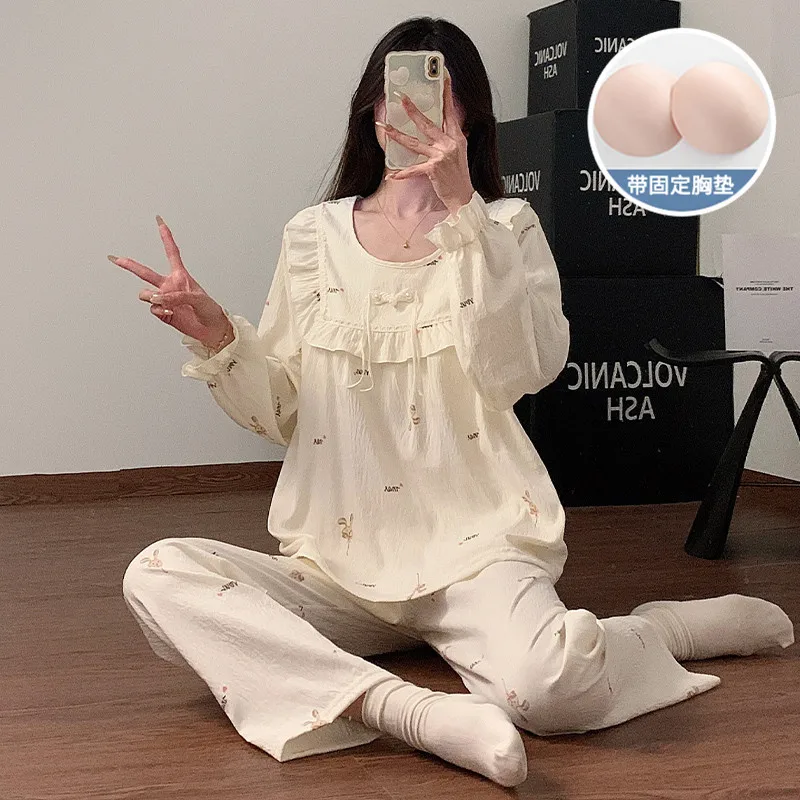 

Pyjamas Femme New Cartoon Cute Women's Pajama Sets Breast Pad Casual Sleepwear Clothes Spring Autumn Loungewear Pijama Set