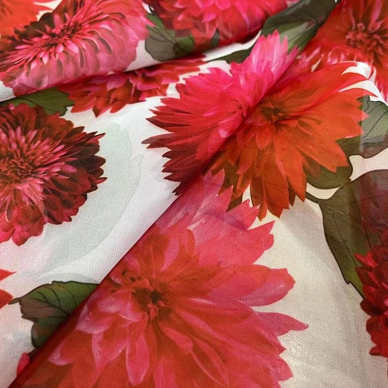 Red Hydrangea Chemical Fiber Chiffon Printed Fabric for Sewing Clothing Fashion High-definition Fabric Spring and Summer