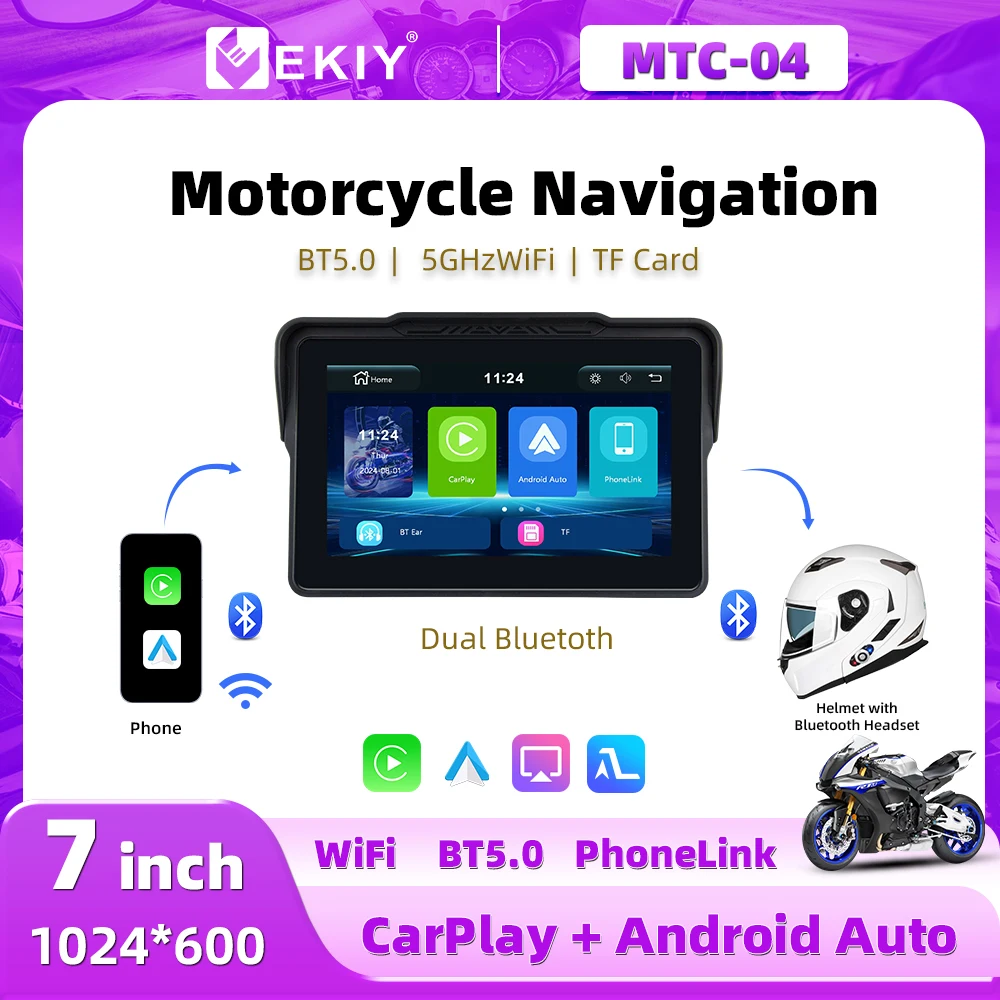 EKIY 7inch Connection Portable Motorcycle CarPlay Navigation Wireless Android Auto Wireless Dual Bluetooth 2 in 1