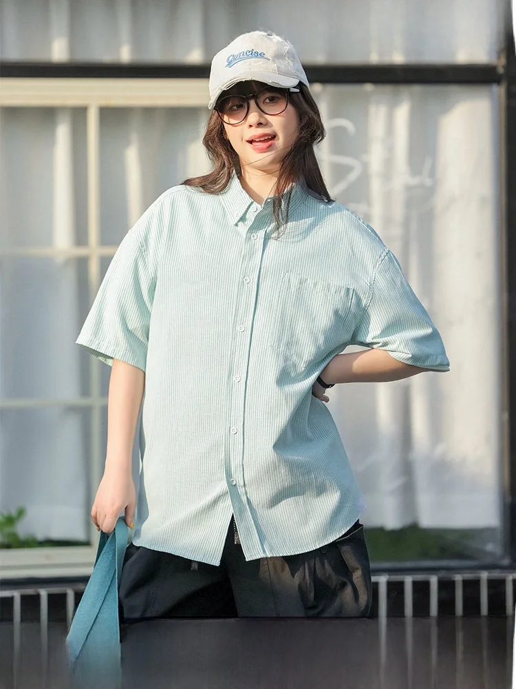 

Летняя повседневная свободная женская рубашка с коротким рукавом, синяя, в полоску, с отложным воротником, свободного кроя, универсальная, модная, брендовая, хлопковая