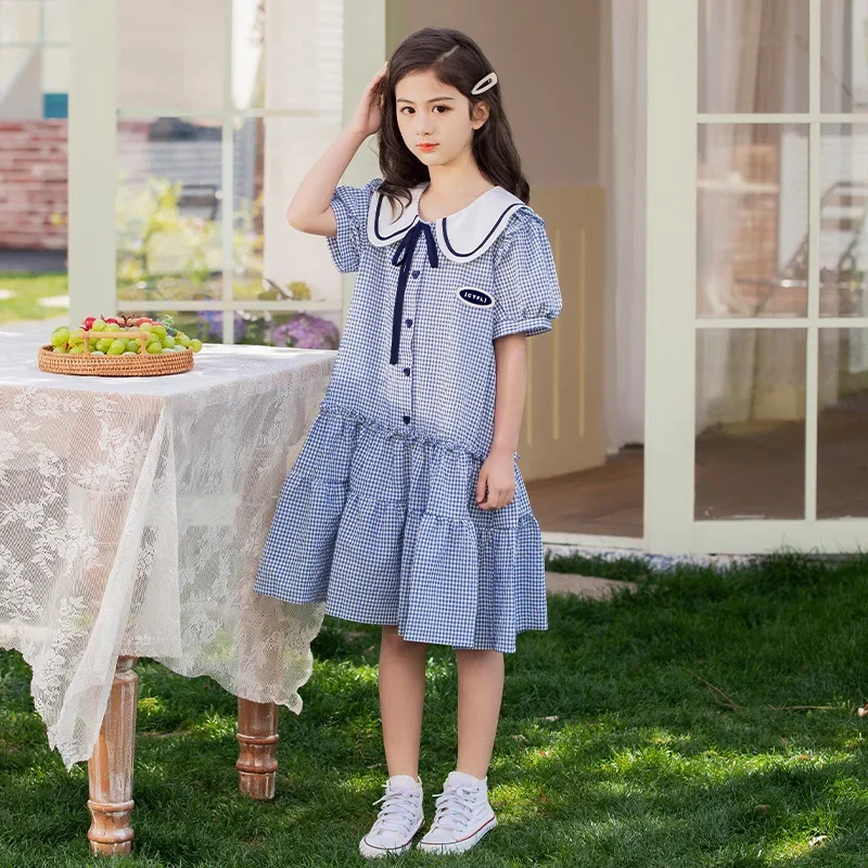 2024 Korean Spring Autumn Children Girl One-piece Dress Junior Girl Long Sleeve Plaid Bow Princess Dress Elegant Dress For Girls