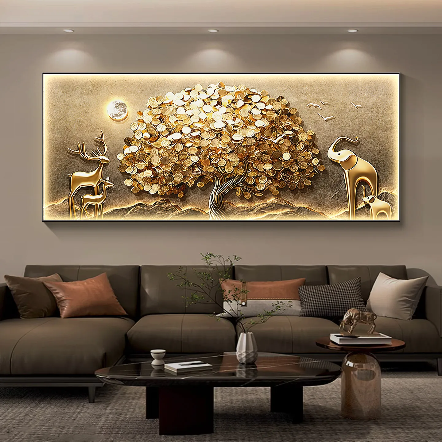 Luxury Living Room Decor Art - Golden Money Tree Horizontal Lighted Painting, Grand Sofa Accent Wall Hanging Art