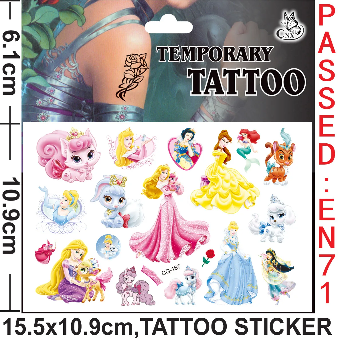 Disney Princess Tattoo Sticker Cartoon Snow White Belle Ariel Figure Sticker Toy for Girls Children's Birthday Party Gift