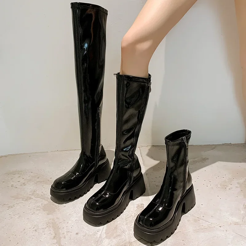 Chunky Platform Long Boots Women Patent Leather Thick High Heels Punk Shoes Woman 2024 Autumn Knee High Boots