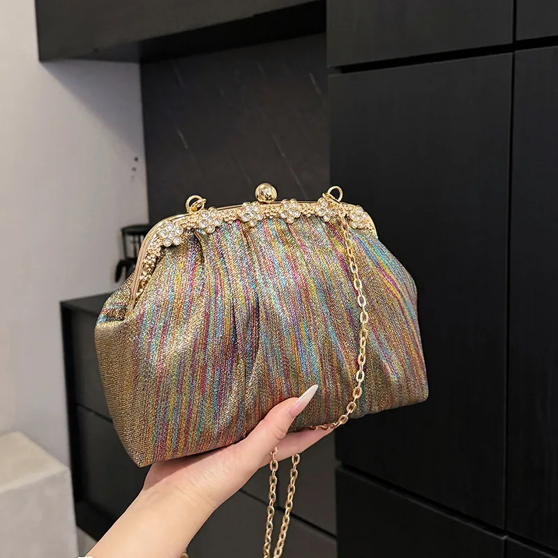 

New Trendy Blue Golden Seashell Clutch Purses For Women Metal Chain Shoulder Bag Crossbody Prom Party Small Handbags Femme BAG