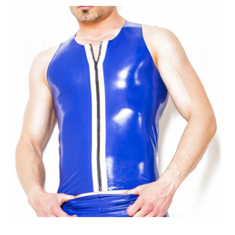 

Men's 100% Handmade Latex Top Sleeveless Blue with White Trims Shirt Front Zip Sexy Man Top T-shirt Back Shapes XS To XXXL