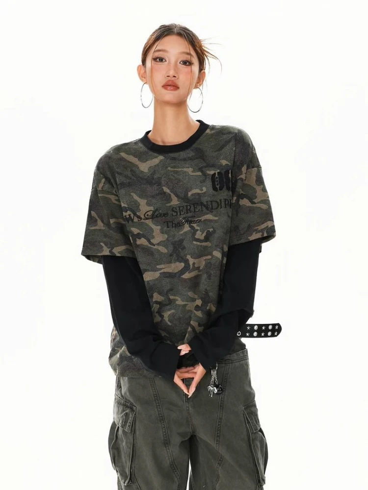 Deeptown Vintage Letter Print Camouflage Women Man Fake Two Piece T-Shirts Long Sleeve American Style Oversized Tees Hip Hop