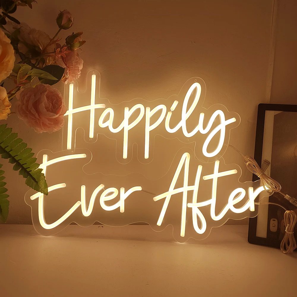 Signe néon happy pilu Ever After de grande taille, décoration murale pour mariage, panneaux roses mieux assortis pour chambre à coucher, fête