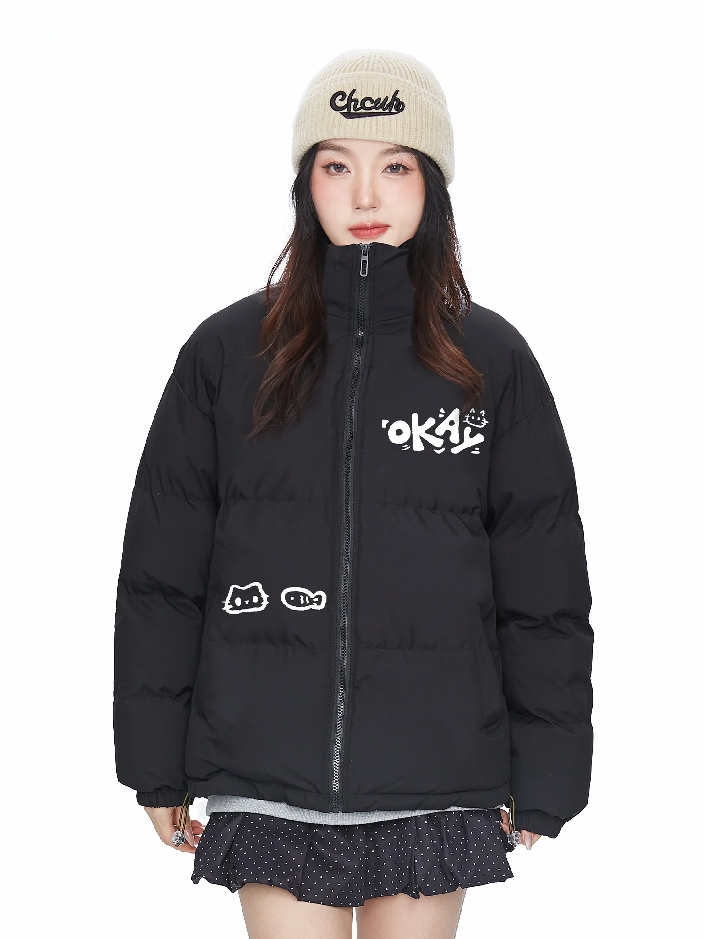 

Warm Cotton Jaet Women's Stand Collar Printed Letter Winter Coat Sli Versatile Commute Thiened Long Sve Zipper