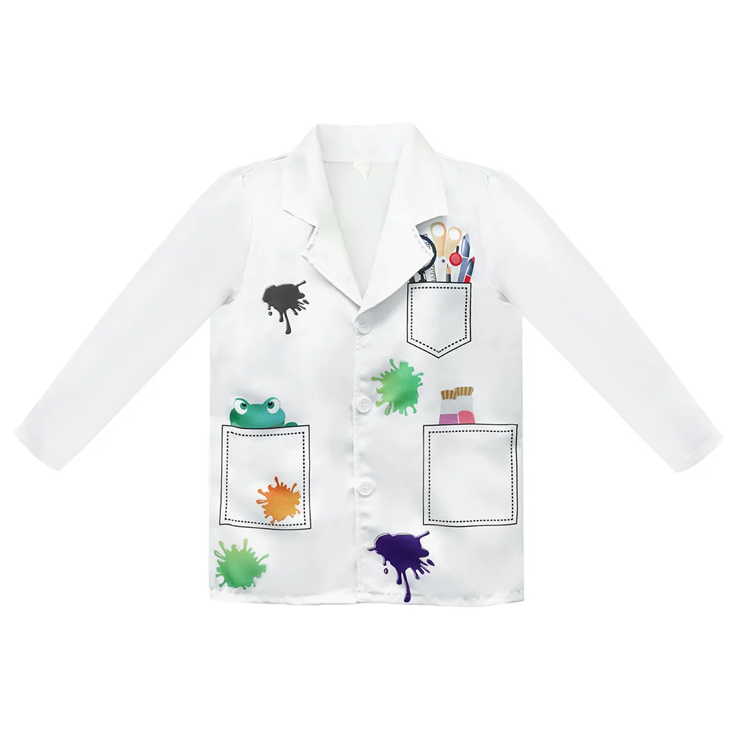4PCS Children Boys White Lab Coat Long Sleeve charming Scientist Uniform Work Wear  Laboratory Clothing Boy Birthday Party Fancy