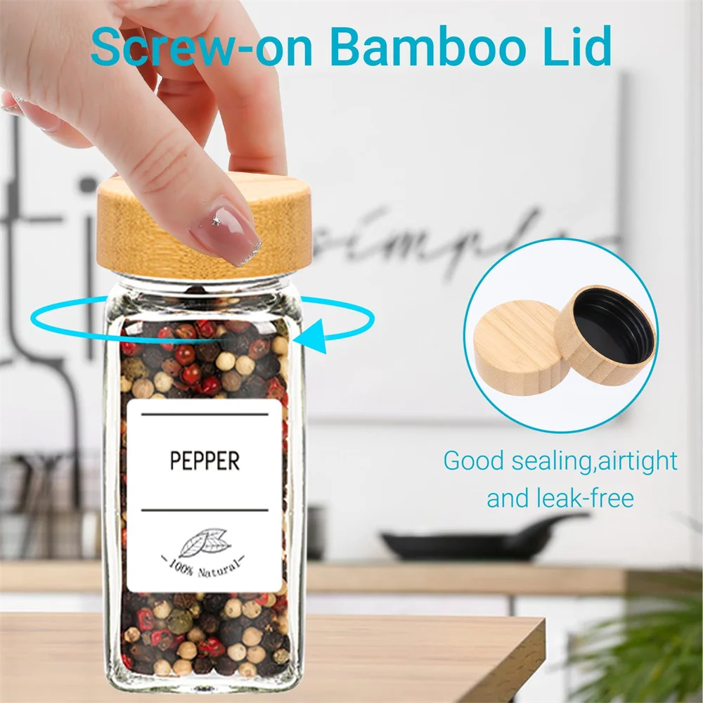 6/12/24 قطعة برطمانات توابل زجاجية مع أغطية من الخيزران أو أغطية معدنية تتضمن ملصقات توابل بسيطة ومجموعة جرة قمع قابلة للطي