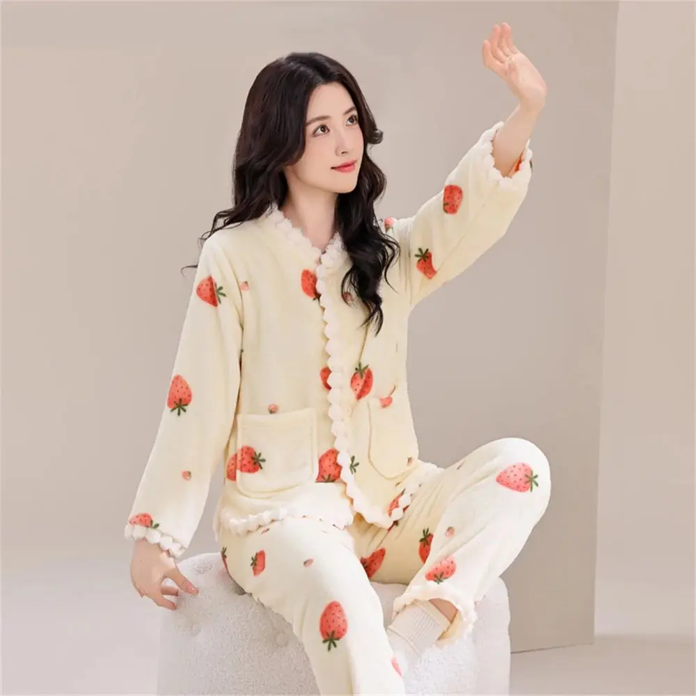 

Cute Sweet Strawberry Print Coral Fleece Pajamas Women Autumn Winter Casual Flannel Homewear Suit Warm Thick Two-Piece Sleepwear