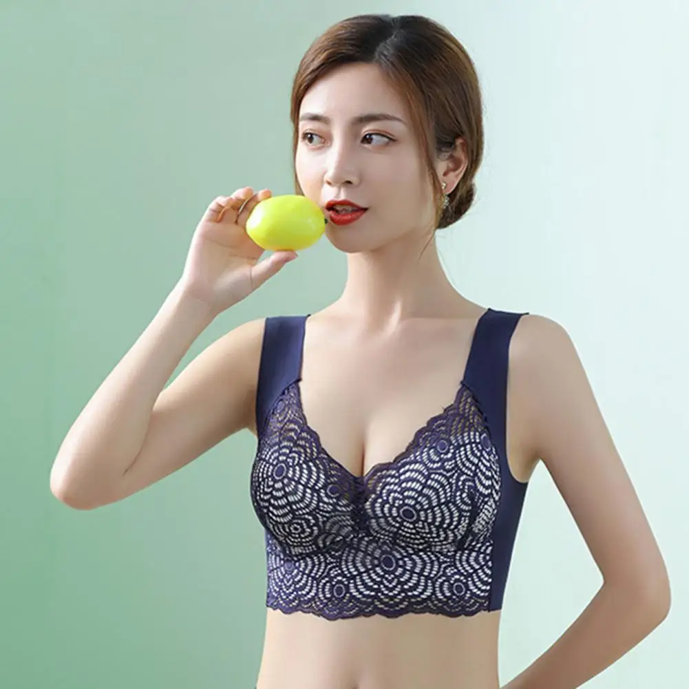 Seamless Pads Wire Free Beauty Back Lady Bra Sexy Lace Net Wide Shoulder Straps Vest Bra Seamless Plus Size Bras Set Comfort