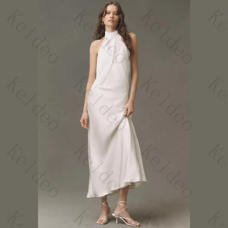 Customized Minimalist Sheath Wedding Dresses 2026 Exquisite Halter Neck Sleeveless Deep Open Back Satin Midi‑Length Bridal Gowns