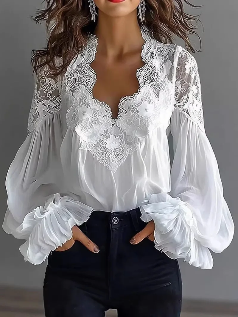 

Elegant White V-neck Lace Blouse Women Spring Summer Retro Lantern Sleeve Pullovers Stylish High Quality Chemise