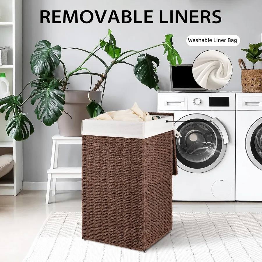سلة غسيل من الخيزران قابلة للطي مع غطاء وحقيبة بطانة قابلة للإزالة سعة 17.2 جالون 65 لتر سلة ملابس منسوجة يدويًا بمقابض متينة f #6