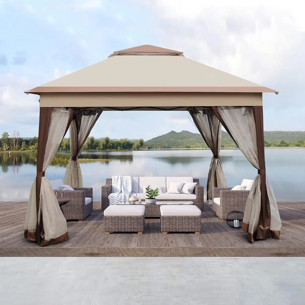 

11x11Ft Outdoor Pop Up Gazebo Canopy with Removable Zipper Netting, for Patio, Backyard,2-Tier Soft Top Event Tent