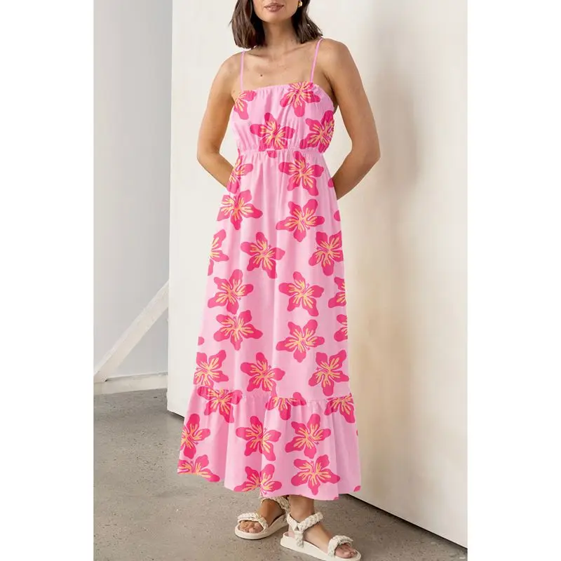 ผู้หญิงฤดูร้อนความงามดอกไม้พิมพ์แขนกุดปรับสายบางสแควร์คอBackless A-Line Slip Camiชุดยาว