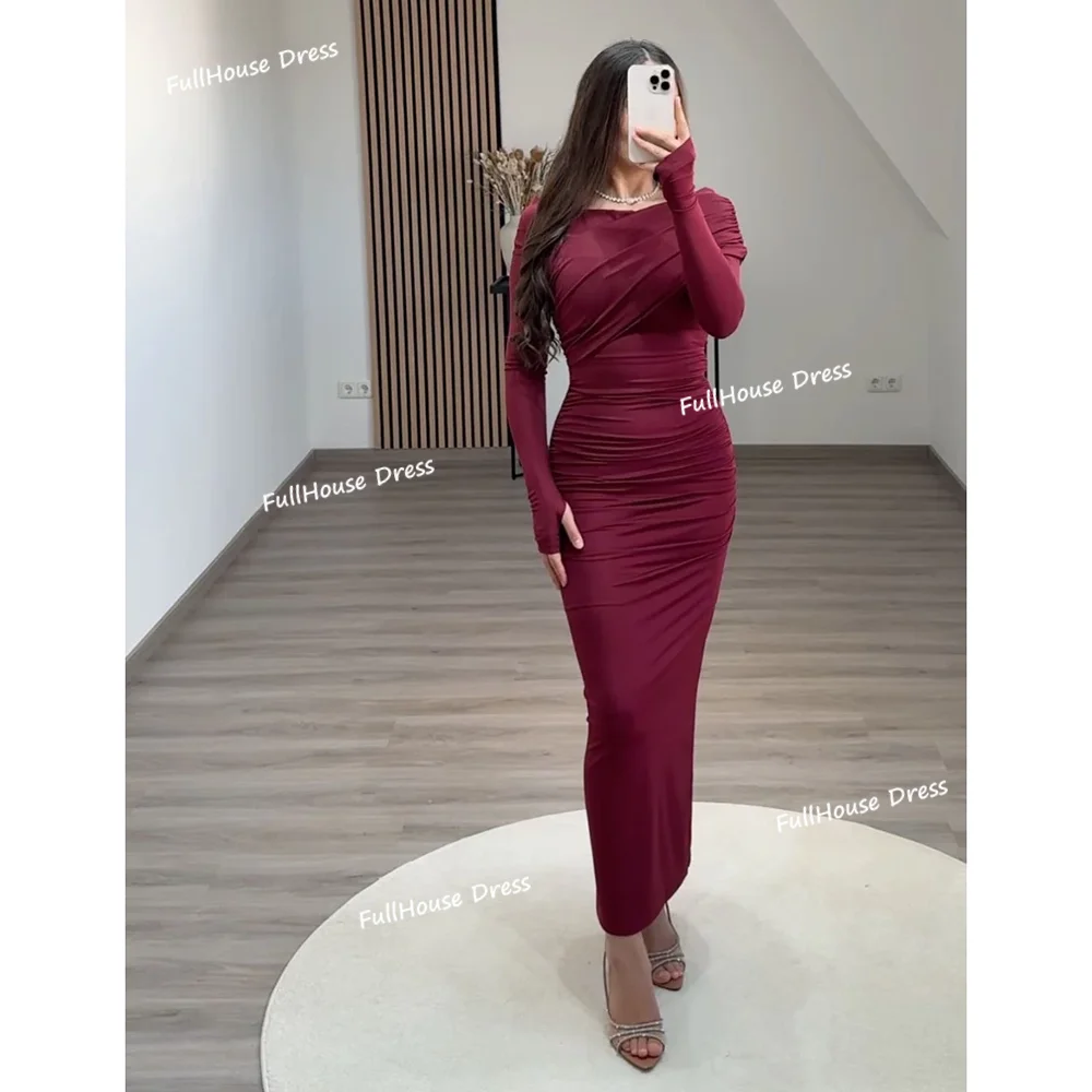 

Custom Made Modest O-neck Pleated Evening Dress Long Sleeve Sexy Sheath Ankle Length Saudi Dress for Women شارون سعيد