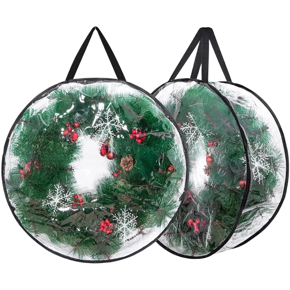 1pc Transparent Christmas Wreath Garland Storage Bag Waterproof Artificial Xmas Halloween Decoration Round Container With Handle