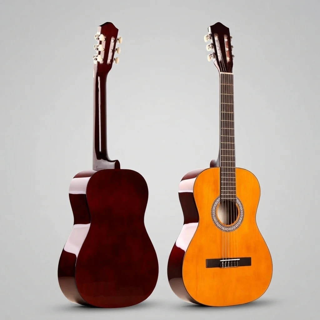 Portable Classical Guitar with Nylon Strings, Orange Top Dark Red Brown Back, Slotted Headstock, White Tuners for Beginners