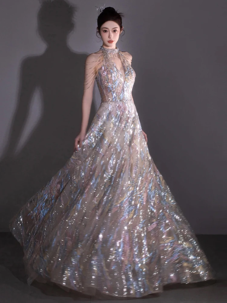 

Ele Beaded Evening Gown Neline Wedding Dr for Women Host Birthday Drinking Ceremony Luxury Long Skirt Korean Sle