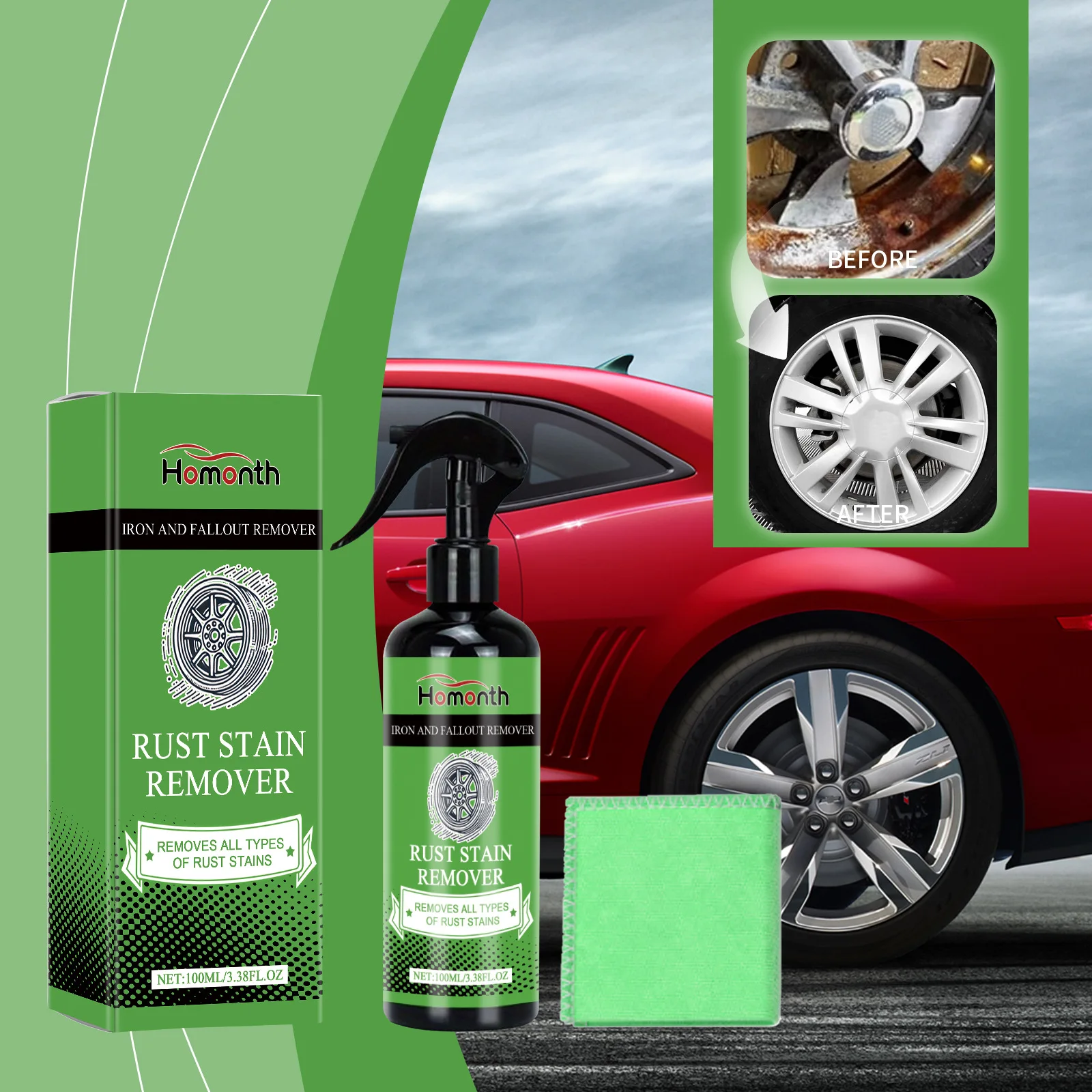 

100ml Wheel Hub Rust Remover Spray - Car Rim Cleaner & Polish, Helps Remove Rust Stains & Protect Alloy Wheels, Safe Formula