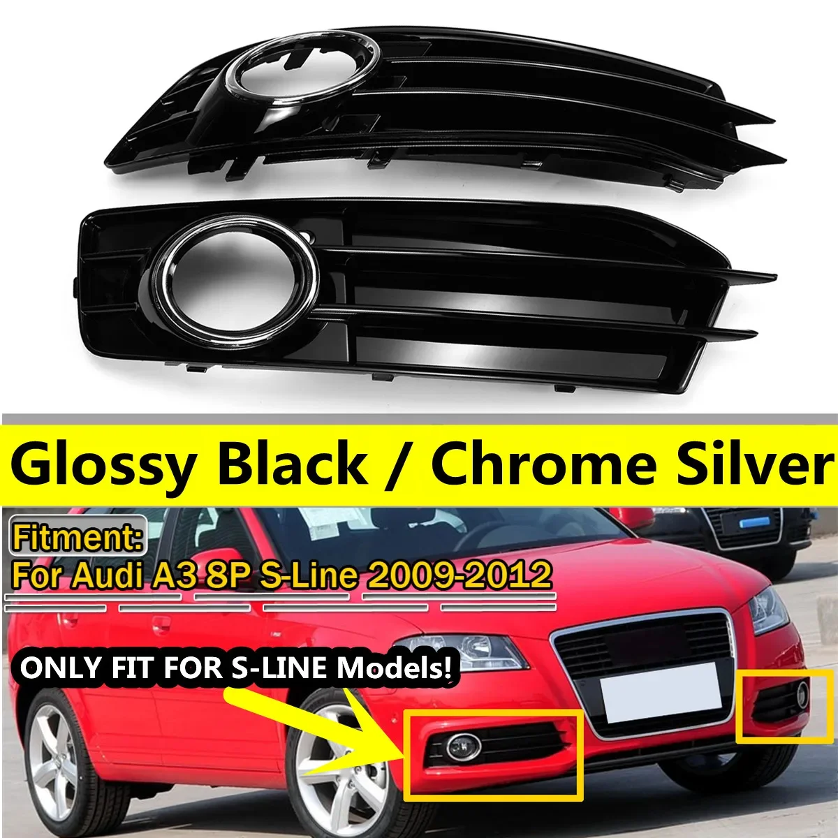 Chrome Silver/Black Car Front Fog Light Grille Cover Fog Lamp Grille Grill For Audi A3 8P S-Line 2009-2012 8P0807682 8P0807681