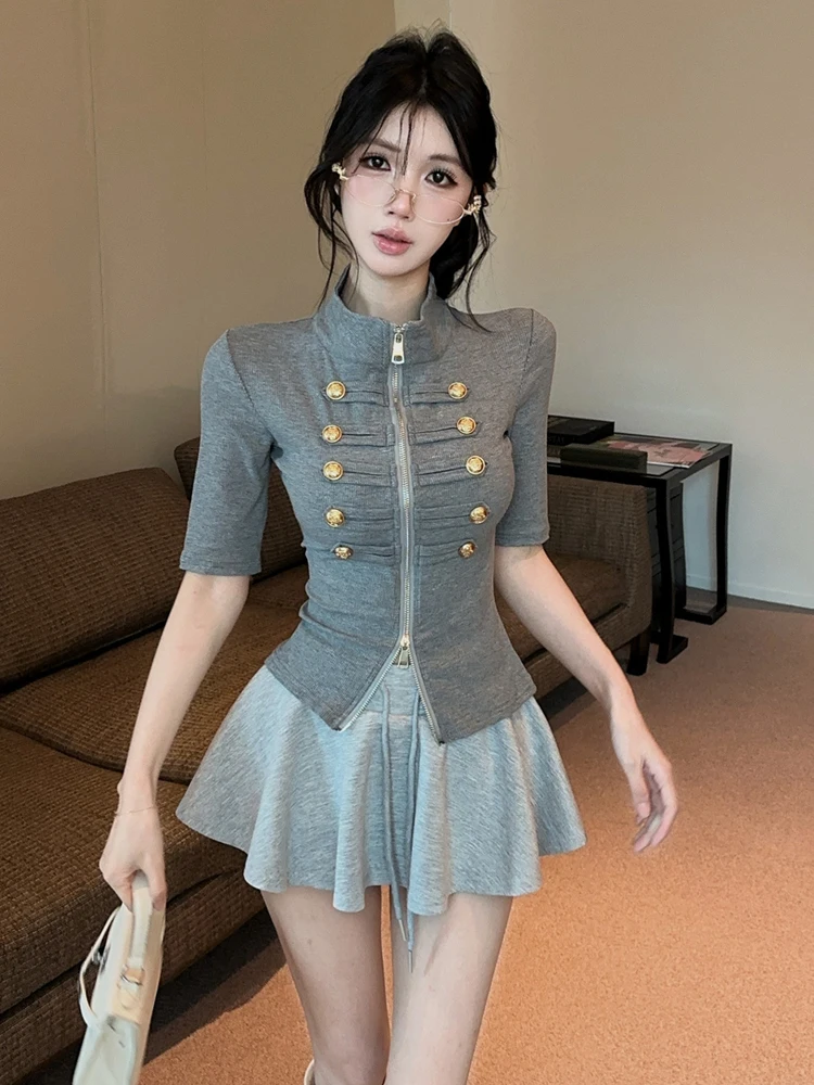 Metallic Double-Breasted Waist-Cinching Midi Skirt And Top Set Sexy Zipper High Waist A-Line  Dress Two-Piece Ensemble