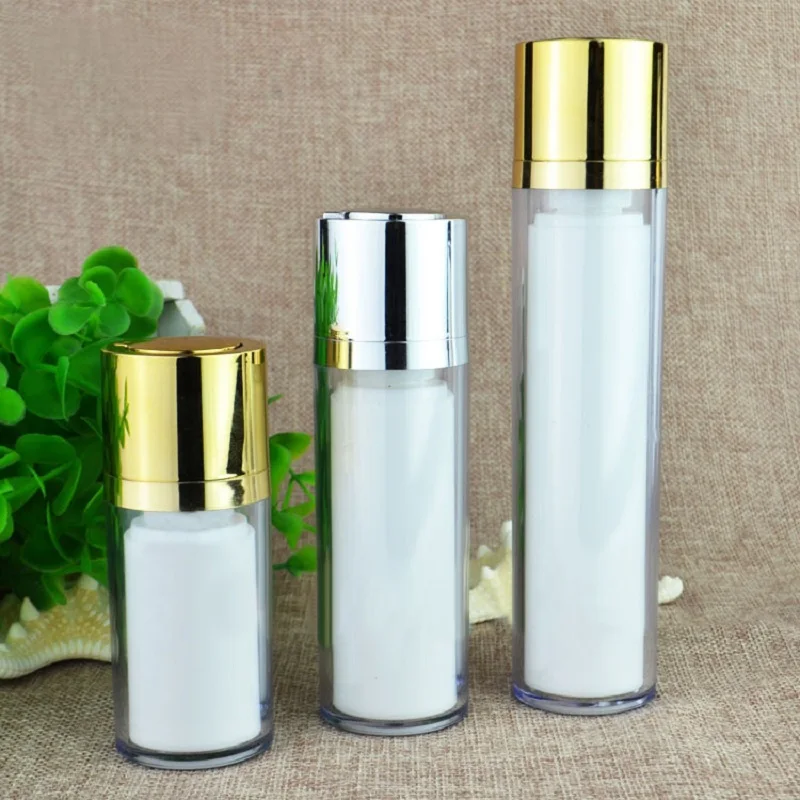 Bottiglia airless in plastica girevole da 15 ml argento/oro per lozione/emulsione/suero/fondotinta/essenza sbiancante imballaggio liquido per la cura della pelle