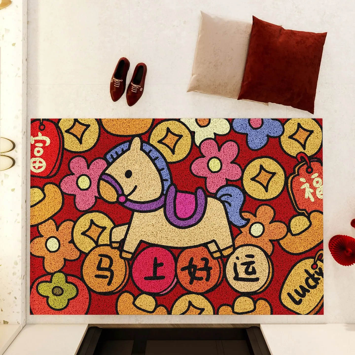 

2026 Year of the New Year Entrance Door Mat Red Celebration Dirt Resistant Anti Slip Entrance Mat Long Rectangle ape