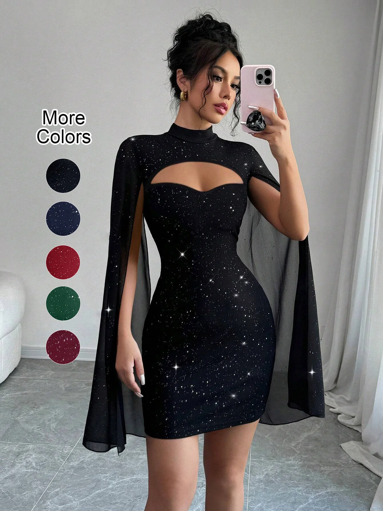 Sexy Women's Stand Collar Cape Mini Dress Sequins Sparkling Club Party Night Out Fitted Bodycon Elegant Autumn Winter