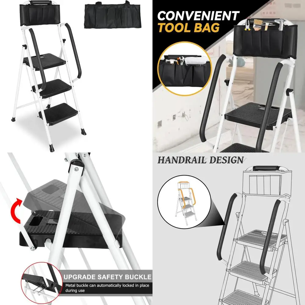 Escalera plegable para taburete con pasamanos y bolsa de herramientas acoplable, capacidad de 500 libras, pedales antideslizantes anchos para despensa de cocina
