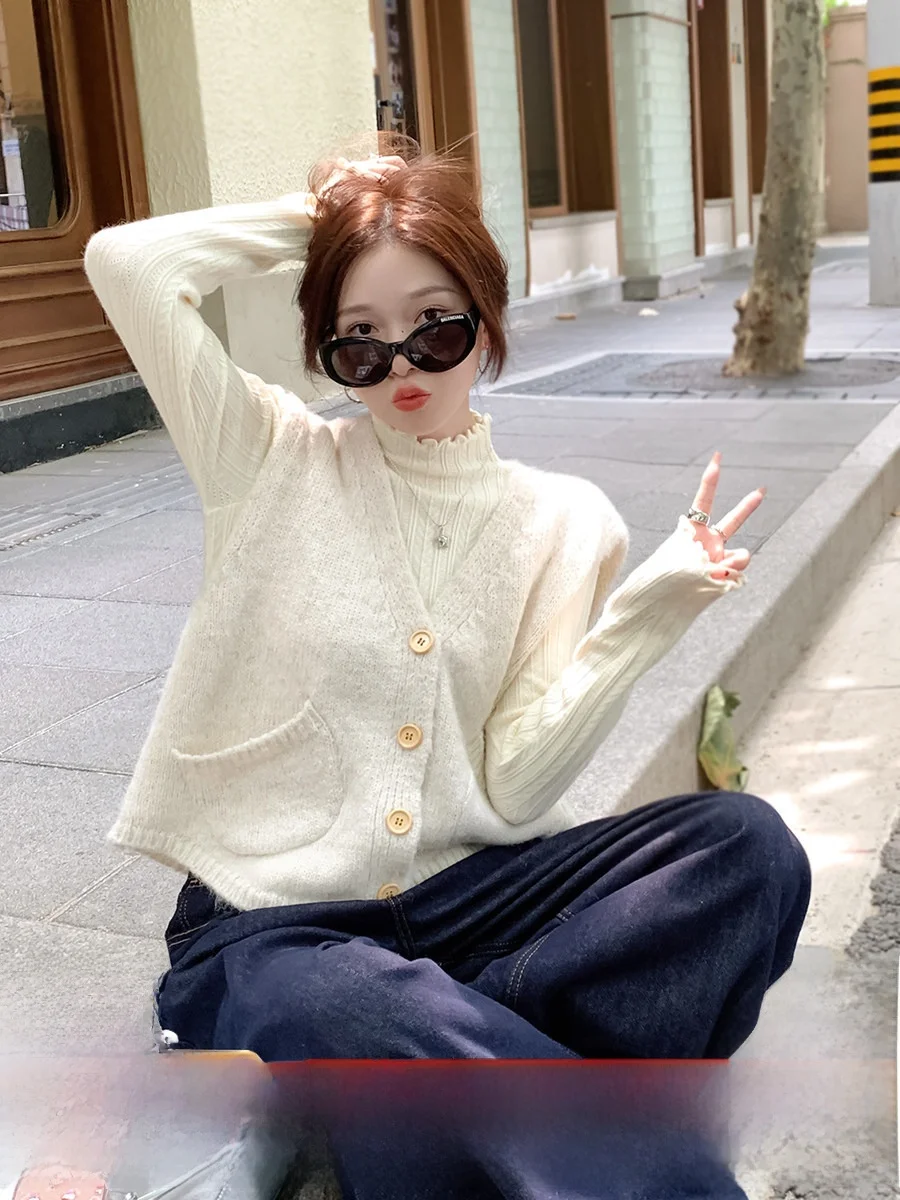 

Su San San Knitted Open Cardigan Vest Women's Sweater Winter New Sle V-ne Outerwear Layered Top oulder Pad