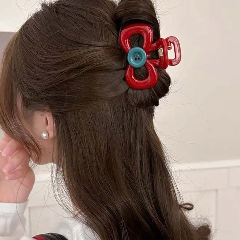 Korean Style Button Hair Claw Ponytail Hairpin Shark Clamp Bow Hair Clip Hair Accessories Fashion Design Acrylic Hair Claw Kids