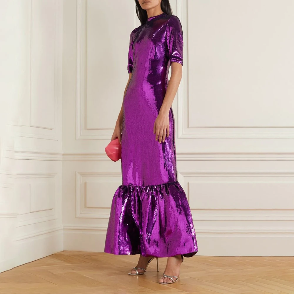 Customized O-Neck Evening Dresses For Pretty Women Short Sleeve Ankle-Length Ruched Long Dress Vestidos
